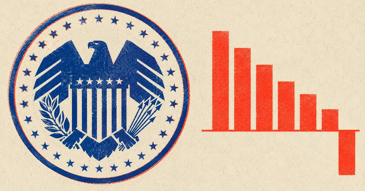 Two-colour risograph poster: a blue Federal Reserve eagle seal at left, and at right a row of vermilion bars stepping down until the final bar drops below the baseline
