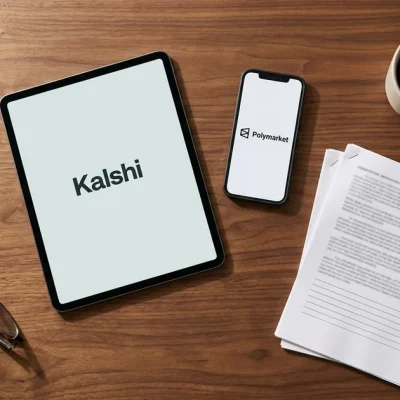 Overhead view of a walnut desk holding a tablet displaying the Kalshi logo, a smartphone displaying the Polymarket logo, a stapled stack of printed legal filing pages, a pen, reading glasses and a cup of black coffee