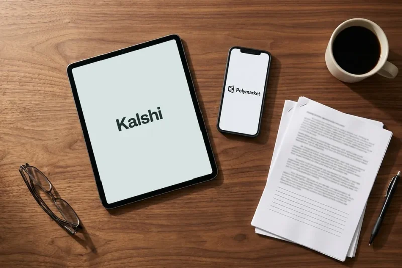 Overhead view of a walnut desk holding a tablet displaying the Kalshi logo, a smartphone displaying the Polymarket logo, a stapled stack of printed legal filing pages, a pen, reading glasses and a cup of black coffee