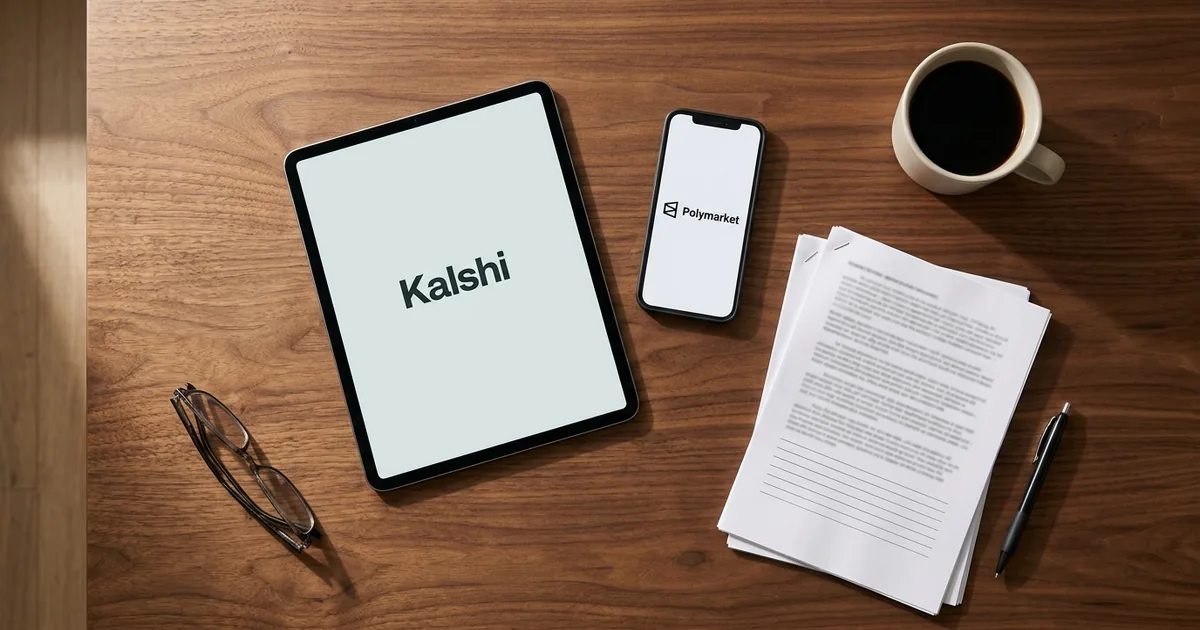 Overhead view of a walnut desk holding a tablet displaying the Kalshi logo, a smartphone displaying the Polymarket logo, a stapled stack of printed legal filing pages, a pen, reading glasses and a cup of black coffee