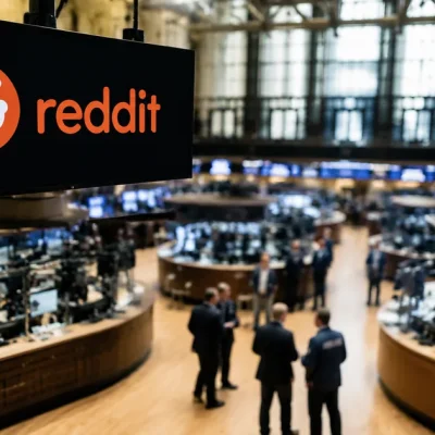 The Reddit logo displayed on a large overhead screen above a stock exchange trading floor