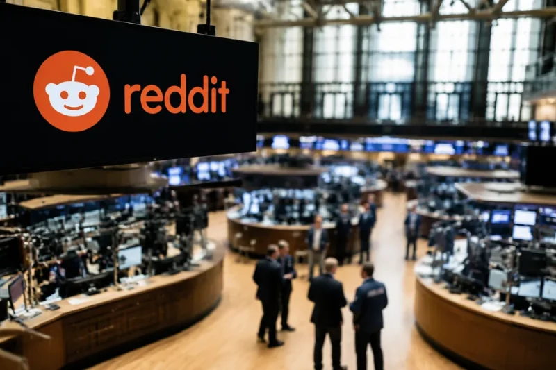 The Reddit logo displayed on a large overhead screen above a stock exchange trading floor
