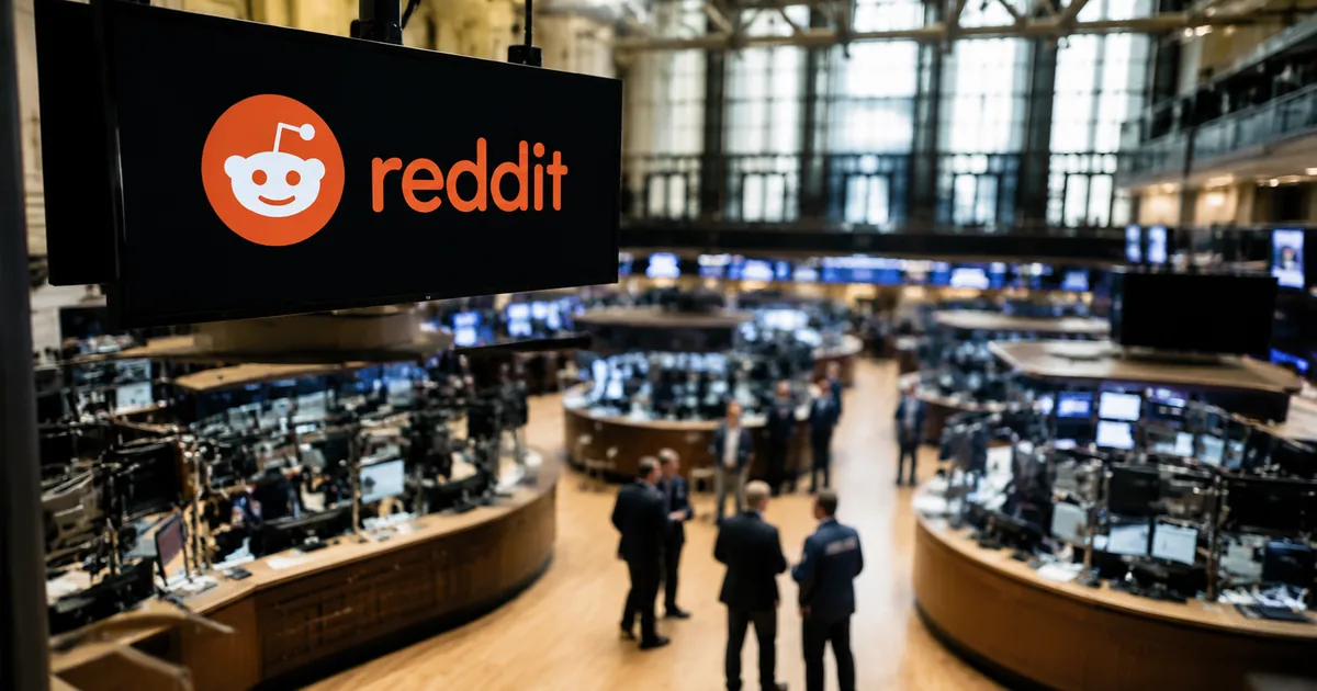 The Reddit logo displayed on a large overhead screen above a stock exchange trading floor