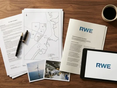 Overhead view of a walnut desk with settlement documents, an offshore wind lease map, photos of a wind turbine and a gas turbine hall, and a report and tablet showing the RWE logo
