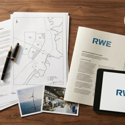 Overhead view of a walnut desk with settlement documents, an offshore wind lease map, photos of a wind turbine and a gas turbine hall, and a report and tablet showing the RWE logo