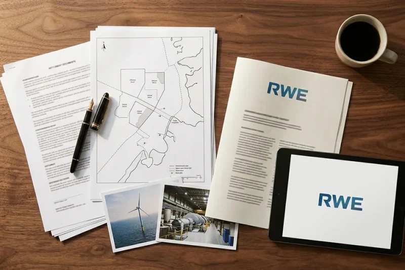 Overhead view of a walnut desk with settlement documents, an offshore wind lease map, photos of a wind turbine and a gas turbine hall, and a report and tablet showing the RWE logo
