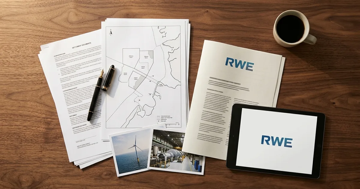 Overhead view of a walnut desk with settlement documents, an offshore wind lease map, photos of a wind turbine and a gas turbine hall, and a report and tablet showing the RWE logo