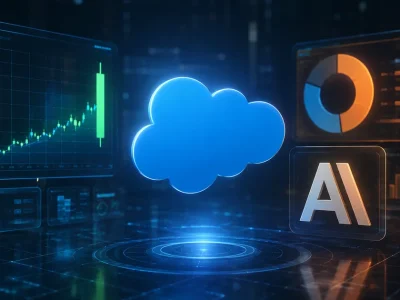 Salesforce cloud logo and Anthropic mark on a dark navy trading display showing a sharp single-day share price spike and a portfolio chart with one dominant segment