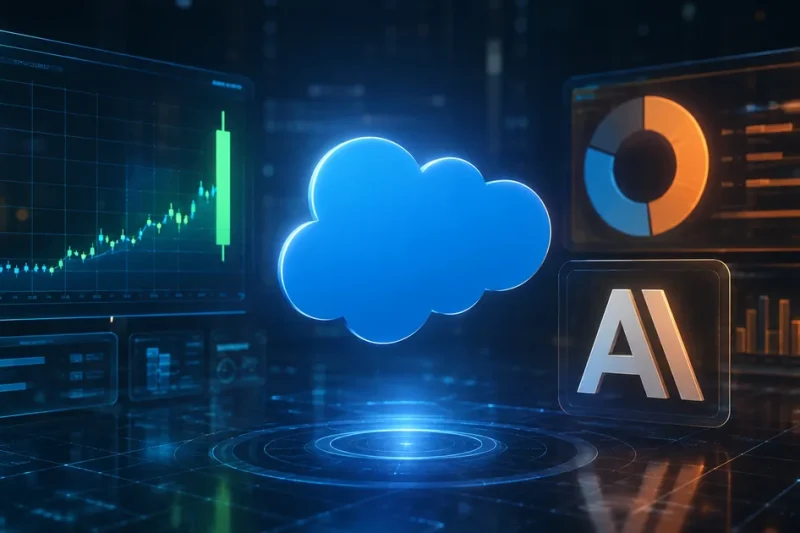 Salesforce cloud logo and Anthropic mark on a dark navy trading display showing a sharp single-day share price spike and a portfolio chart with one dominant segment