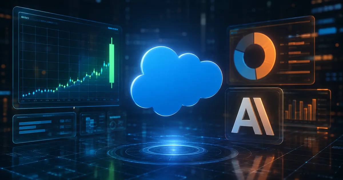 Salesforce cloud logo and Anthropic mark on a dark navy trading display showing a sharp single-day share price spike and a portfolio chart with one dominant segment
