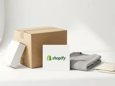 Bright white studio still life of a kraft shipping box, a folded grey knit garment and cream mailers, with a white printed card showing the Shopify logo standing at the centre