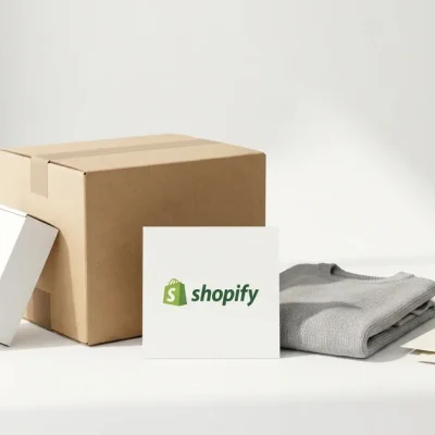 Bright white studio still life of a kraft shipping box, a folded grey knit garment and cream mailers, with a white printed card showing the Shopify logo standing at the centre