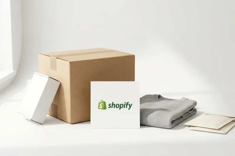Bright white studio still life of a kraft shipping box, a folded grey knit garment and cream mailers, with a white printed card showing the Shopify logo standing at the centre