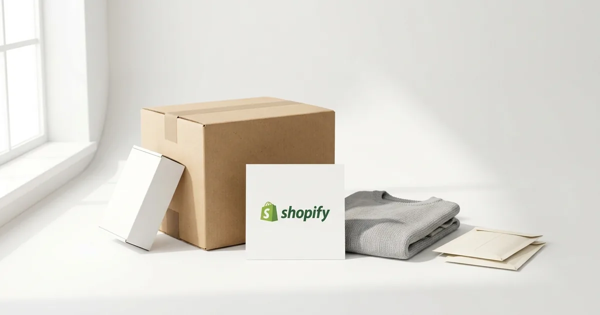 Bright white studio still life of a kraft shipping box, a folded grey knit garment and cream mailers, with a white printed card showing the Shopify logo standing at the centre