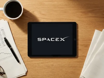 Overhead view of a wooden desk with printed share-release schedule pages, a declining stock chart, reading glasses and coffee, beside a tablet displaying the SpaceX logo