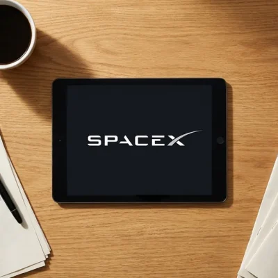 Overhead view of a wooden desk with printed share-release schedule pages, a declining stock chart, reading glasses and coffee, beside a tablet displaying the SpaceX logo