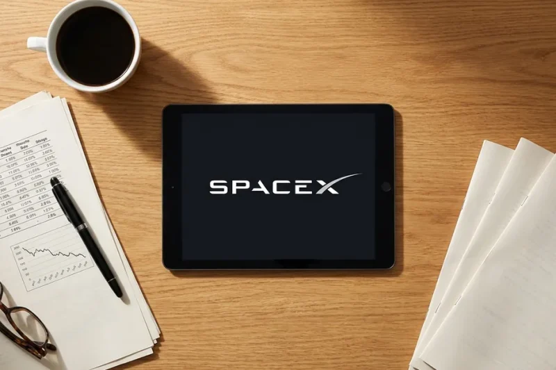 Overhead view of a wooden desk with printed share-release schedule pages, a declining stock chart, reading glasses and coffee, beside a tablet displaying the SpaceX logo