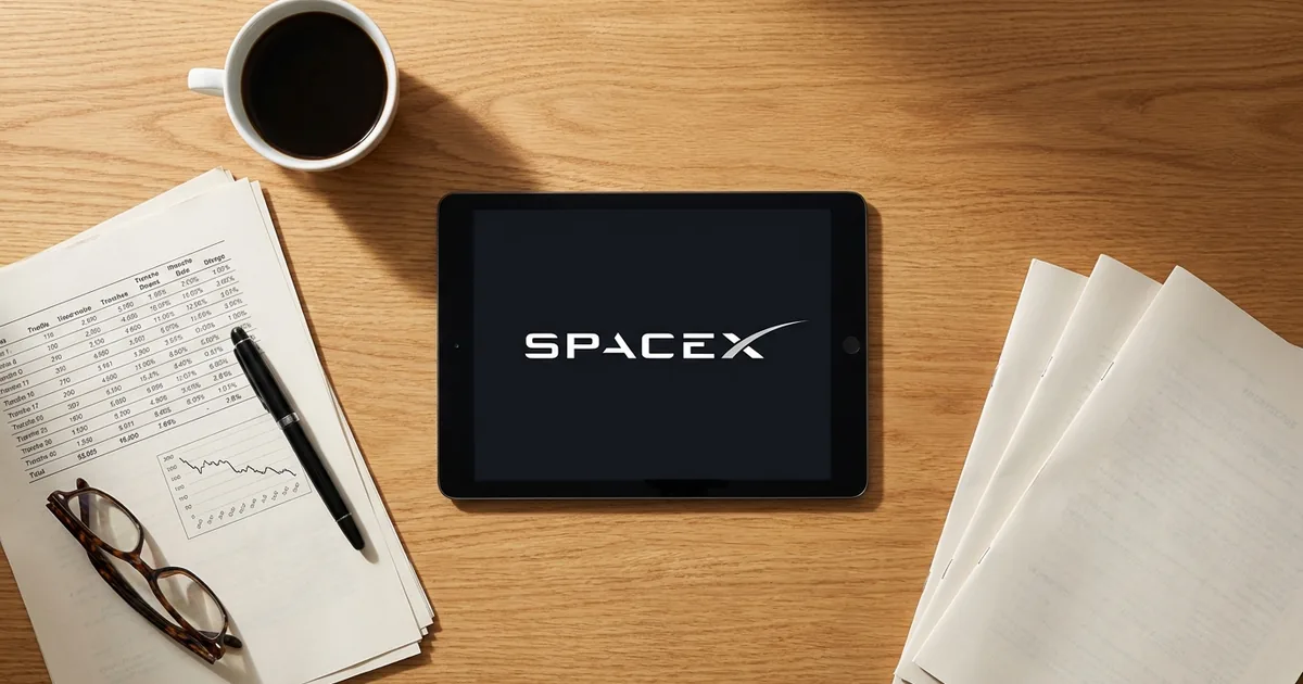 Overhead view of a wooden desk with printed share-release schedule pages, a declining stock chart, reading glasses and coffee, beside a tablet displaying the SpaceX logo