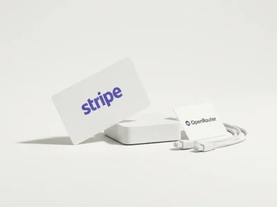 A small white network router on a bone-white studio backdrop, with printed cards showing the Stripe and OpenRouter logos leaning against it and white network cables coiled alongside