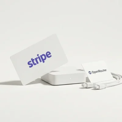 A small white network router on a bone-white studio backdrop, with printed cards showing the Stripe and OpenRouter logos leaning against it and white network cables coiled alongside