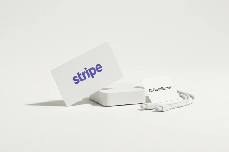 A small white network router on a bone-white studio backdrop, with printed cards showing the Stripe and OpenRouter logos leaning against it and white network cables coiled alongside