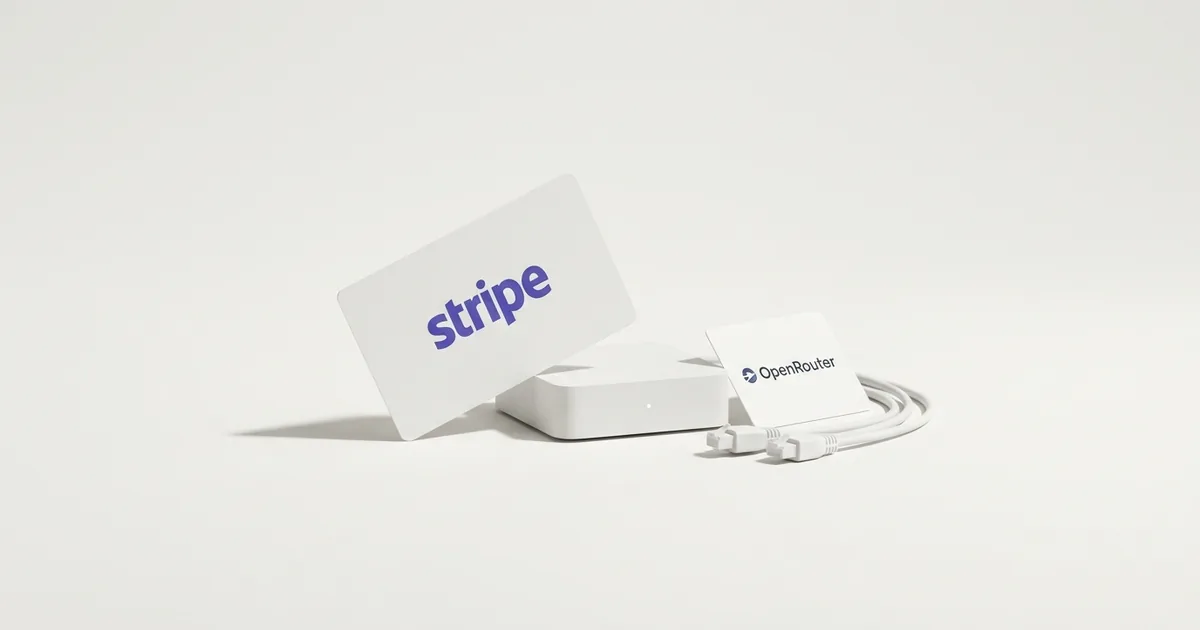 A small white network router on a bone-white studio backdrop, with printed cards showing the Stripe and OpenRouter logos leaning against it and white network cables coiled alongside