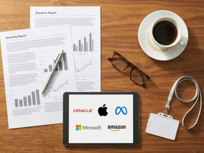 Overhead view of a wooden desk with printed quarterly report pages, coffee, glasses, an empty blank office badge on a lanyard, and a tablet showing the Oracle, Apple, Meta, Microsoft and Amazon logos