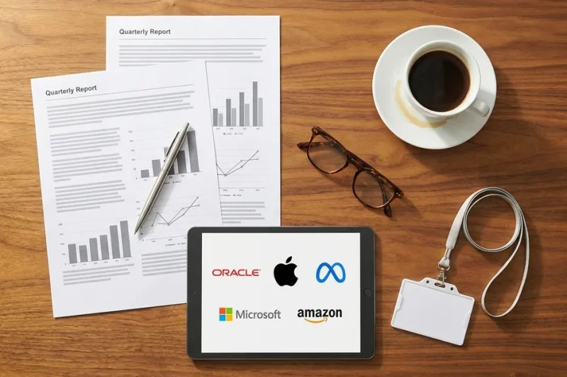 Overhead view of a wooden desk with printed quarterly report pages, coffee, glasses, an empty blank office badge on a lanyard, and a tablet showing the Oracle, Apple, Meta, Microsoft and Amazon logos