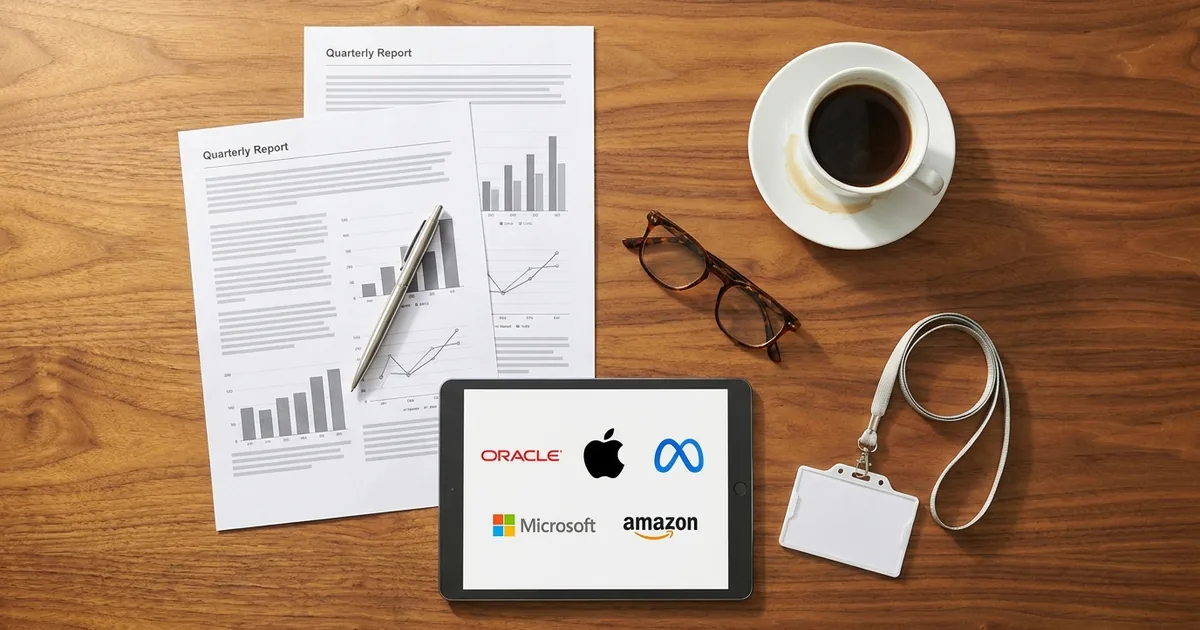 Overhead view of a wooden desk with printed quarterly report pages, coffee, glasses, an empty blank office badge on a lanyard, and a tablet showing the Oracle, Apple, Meta, Microsoft and Amazon logos