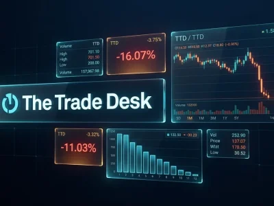 The Trade Desk logo on a dark navy trading display beside a candlestick chart showing a sharp drop and negative percentage panels