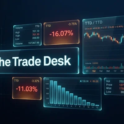 The Trade Desk logo on a dark navy trading display beside a candlestick chart showing a sharp drop and negative percentage panels