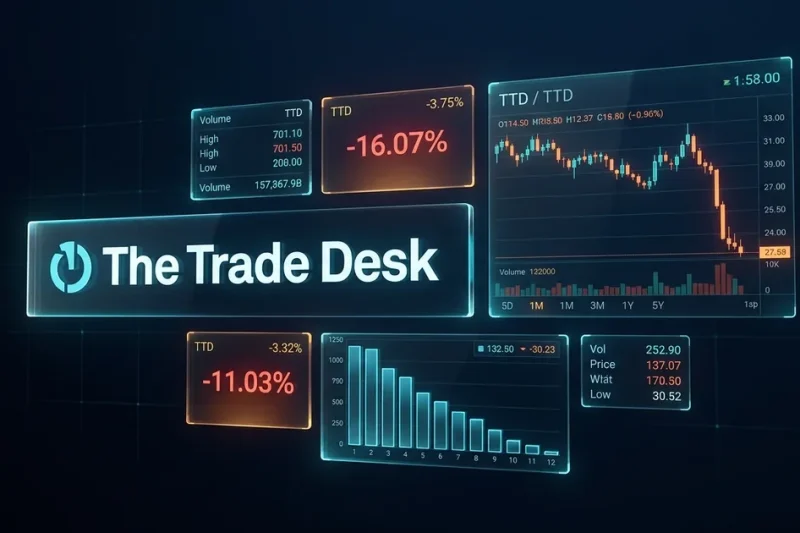 The Trade Desk logo on a dark navy trading display beside a candlestick chart showing a sharp drop and negative percentage panels
