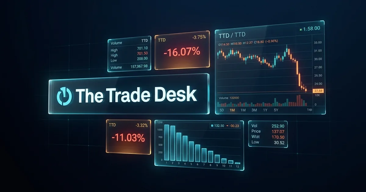 The Trade Desk logo on a dark navy trading display beside a candlestick chart showing a sharp drop and negative percentage panels