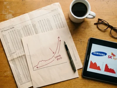 Overhead flatlay of printed US Treasury yield tables and a hand annotated rising yield curve on a wooden desk, next to a tablet showing Samsung and SK Hynix logos above falling red stock charts