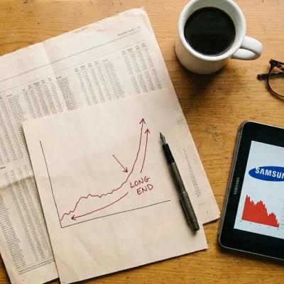 Overhead flatlay of printed US Treasury yield tables and a hand annotated rising yield curve on a wooden desk, next to a tablet showing Samsung and SK Hynix logos above falling red stock charts