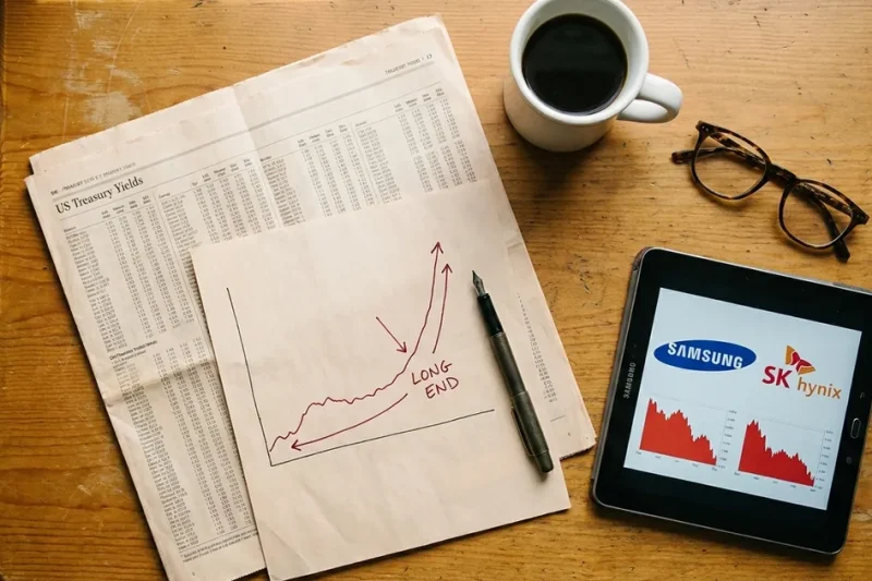 Overhead flatlay of printed US Treasury yield tables and a hand annotated rising yield curve on a wooden desk, next to a tablet showing Samsung and SK Hynix logos above falling red stock charts