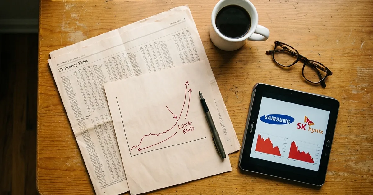 Overhead flatlay of printed US Treasury yield tables and a hand annotated rising yield curve on a wooden desk, next to a tablet showing Samsung and SK Hynix logos above falling red stock charts
