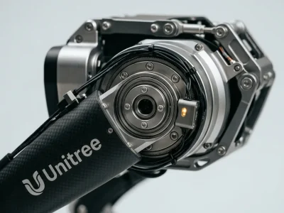Macro view of a humanoid robot shoulder actuator in brushed aluminium and carbon fibre with the Unitree logo on the arm shell