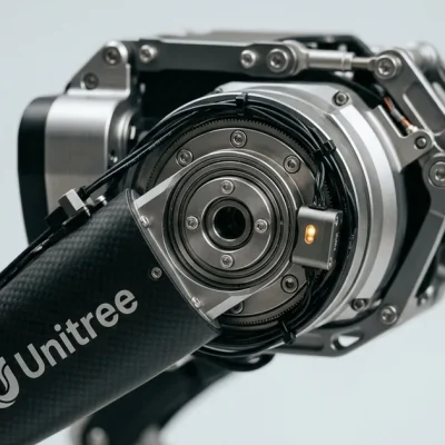 Macro view of a humanoid robot shoulder actuator in brushed aluminium and carbon fibre with the Unitree logo on the arm shell