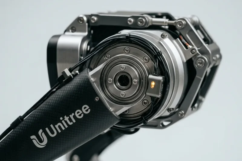 Macro view of a humanoid robot shoulder actuator in brushed aluminium and carbon fibre with the Unitree logo on the arm shell