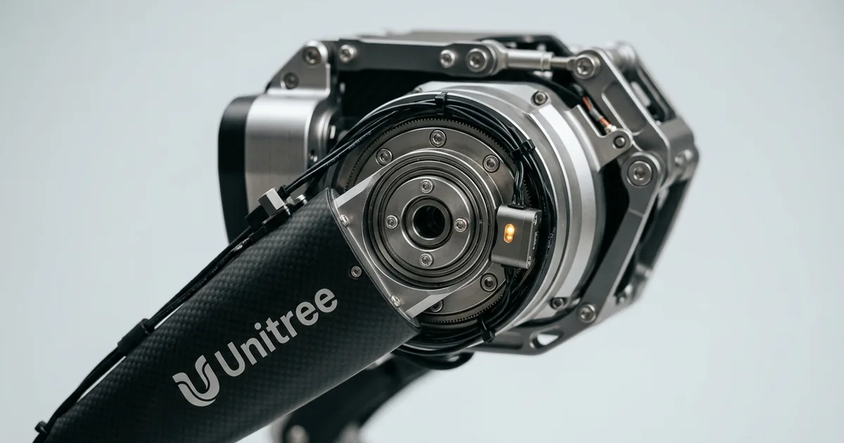 Macro view of a humanoid robot shoulder actuator in brushed aluminium and carbon fibre with the Unitree logo on the arm shell