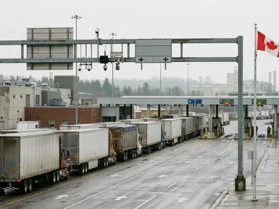 Line of transport trailers queued at customs inspection booths on wet asphalt, with Canadian and United States flags flying beside the crossing under overcast sky