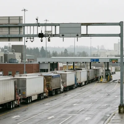 Line of transport trailers queued at customs inspection booths on wet asphalt, with Canadian and United States flags flying beside the crossing under overcast sky