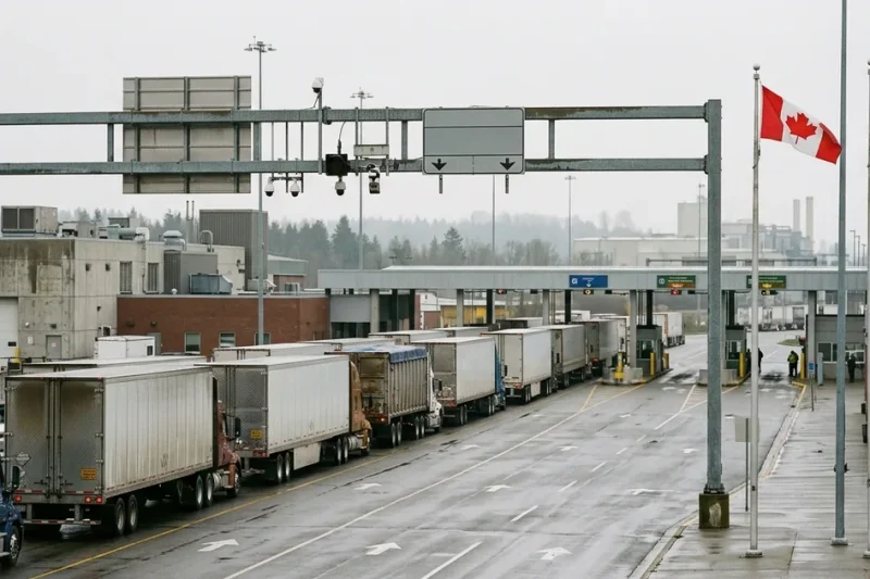 Line of transport trailers queued at customs inspection booths on wet asphalt, with Canadian and United States flags flying beside the crossing under overcast sky