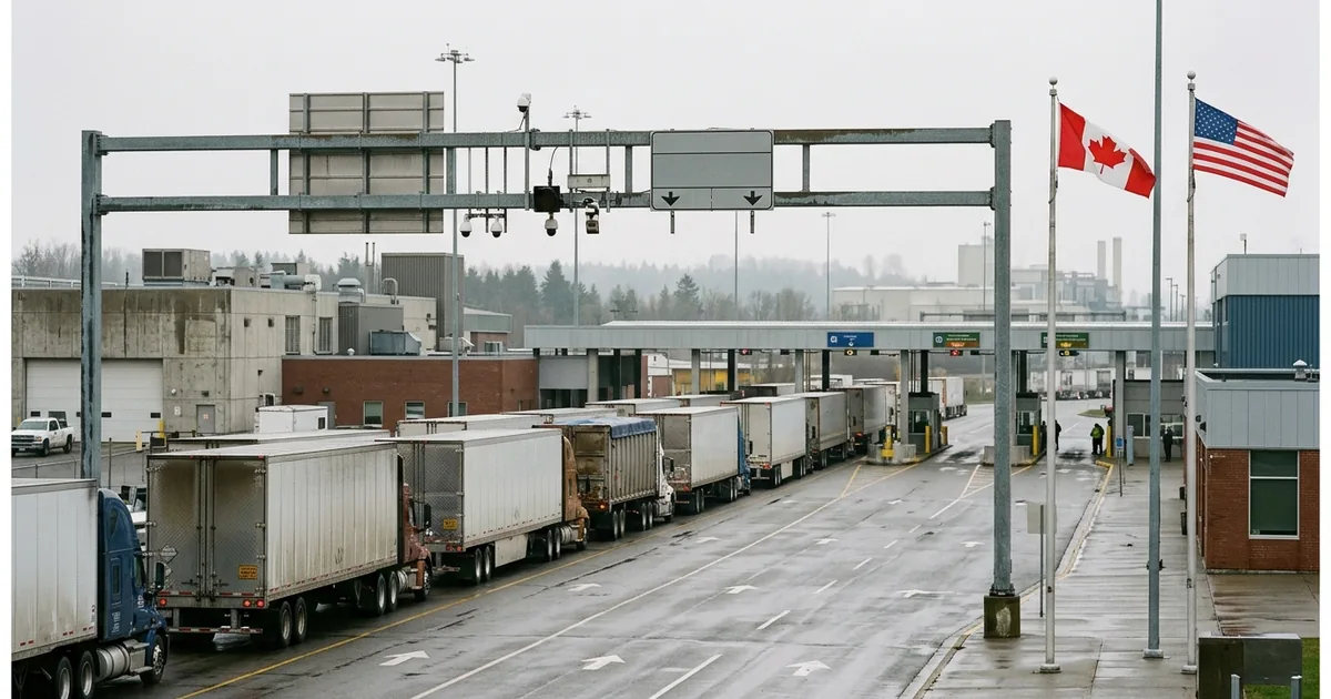 Line of transport trailers queued at customs inspection booths on wet asphalt, with Canadian and United States flags flying beside the crossing under overcast sky
