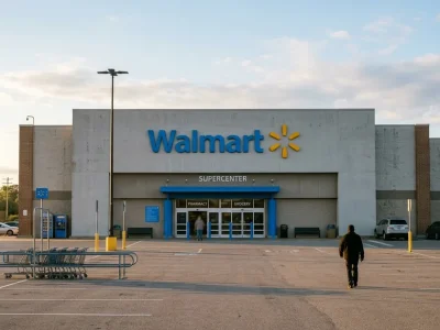 Early morning sunlight on the entrance of a Walmart supercenter, the blue Walmart wordmark and yellow spark logo on the grey concrete facade above an almost empty parking lot