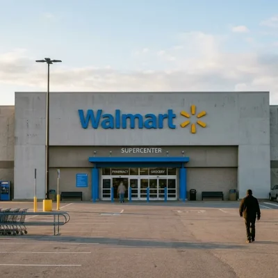 Early morning sunlight on the entrance of a Walmart supercenter, the blue Walmart wordmark and yellow spark logo on the grey concrete facade above an almost empty parking lot