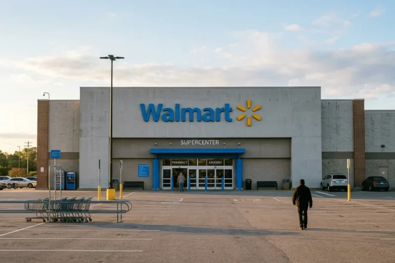 Early morning sunlight on the entrance of a Walmart supercenter, the blue Walmart wordmark and yellow spark logo on the grey concrete facade above an almost empty parking lot