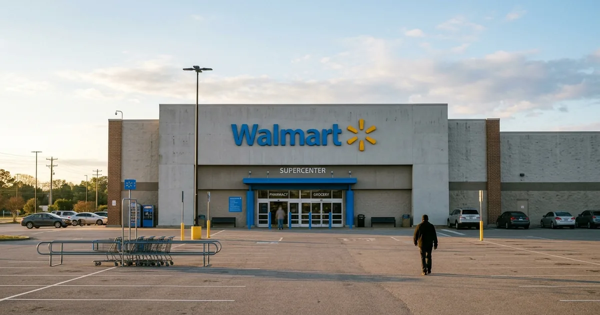 Early morning sunlight on the entrance of a Walmart supercenter, the blue Walmart wordmark and yellow spark logo on the grey concrete facade above an almost empty parking lot