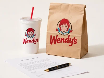 A Wendy's paper cup and takeout bag on a white studio backdrop next to a folded share purchase agreement and a fountain pen